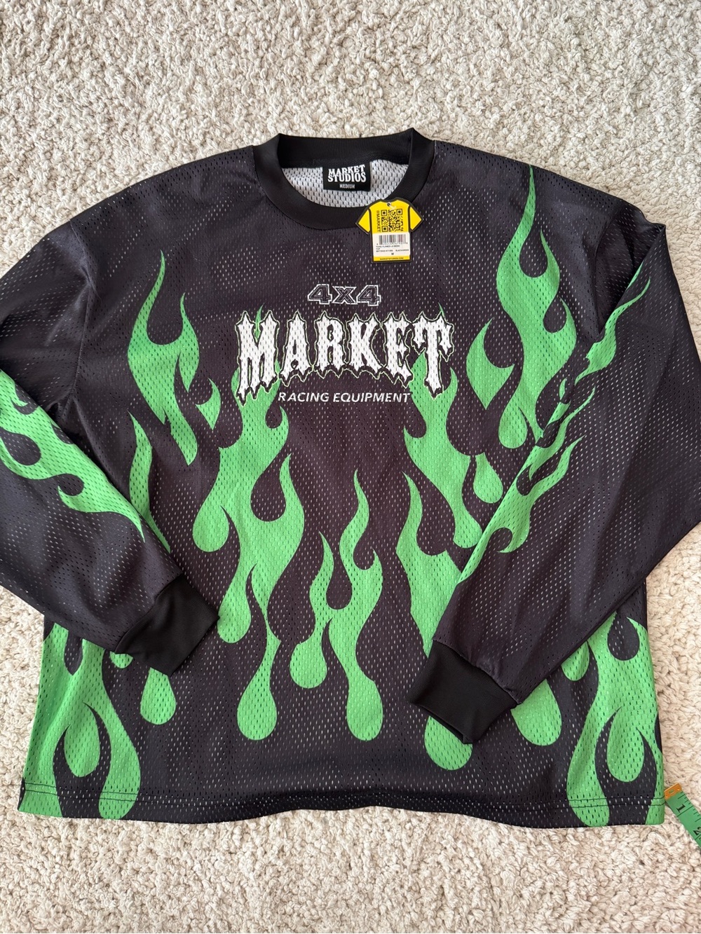 Market Studios Men’s Crewneck Sweater in Black with Green Flame Graphic